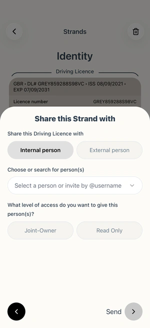 Share sheet: choose a person, then Joint-Owner or Read Only access