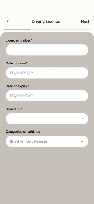 Driving Licence form: licence number, dates of issue and expiry, issued by, vehicle categories