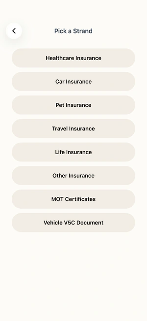 Insurance Strands: Healthcare, Car, Pet, Travel and Life insurance, MOT and V5C